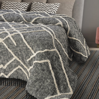 Charcoal and Off White Geometric Queen Cotton Coverlet With Fringe