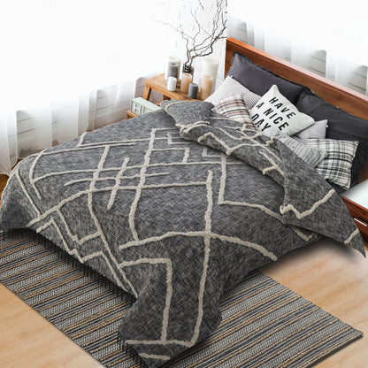 Charcoal and Off White Geometric Queen Cotton Coverlet With Fringe