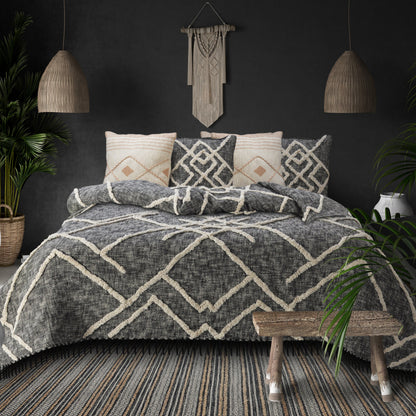 Charcoal and Off White Geometric Queen Cotton Coverlet With Fringe