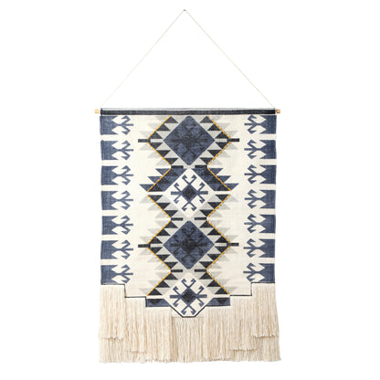 26" X 47" Blue and Off White Southwestern Cotton Macrame Hanging Tapestry Wall Decor