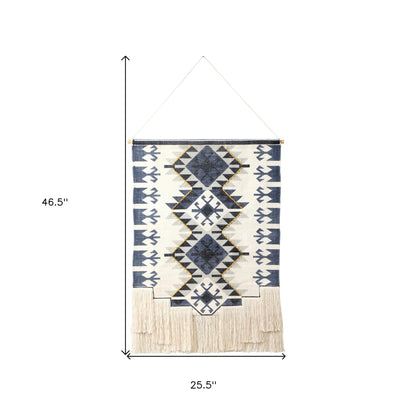 26" X 47" Blue and Off White Southwestern Cotton Macrame Hanging Tapestry Wall Decor