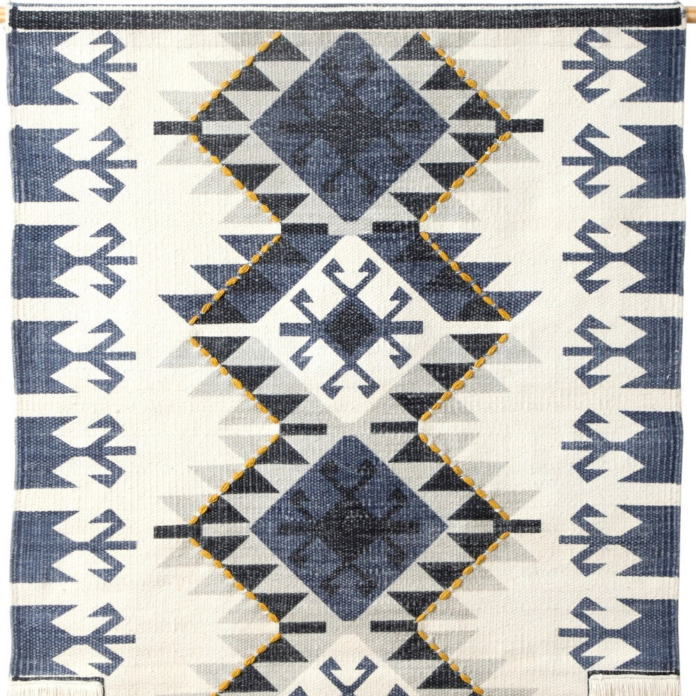 26" X 47" Blue and Off White Southwestern Cotton Macrame Hanging Tapestry Wall Decor