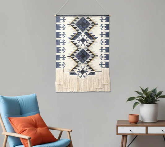 26" X 47" Blue and Off White Southwestern Cotton Macrame Hanging Tapestry Wall Decor