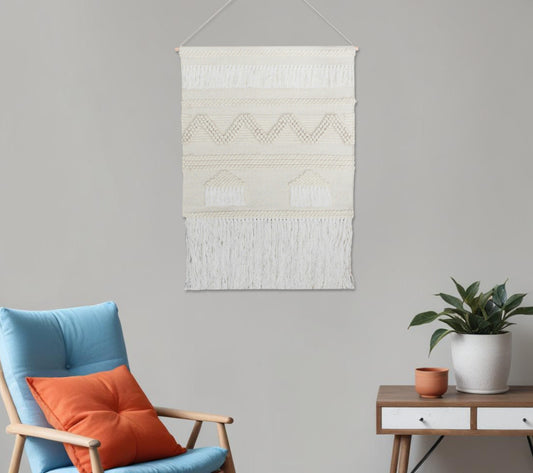 26" X 51" Cream Geometric Cotton Macrame Hanging Tapestry Wall Decor