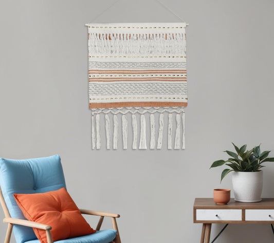 26" X 51" Beige and Rust Geo Stripe Cotton Macrame Hanging Tapestry Wall Decor