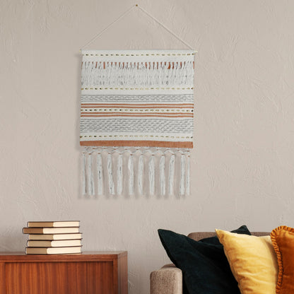 26" X 51" Beige and Rust Geo Stripe Cotton Macrame Hanging Tapestry Wall Decor