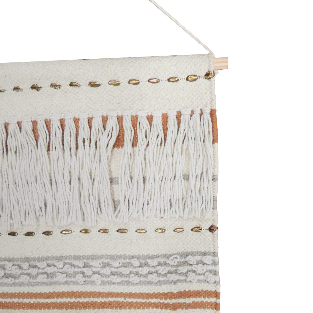 26" X 51" Beige and Rust Geo Stripe Cotton Macrame Hanging Tapestry Wall Decor