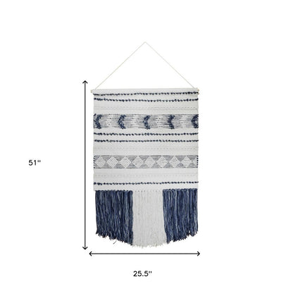 26" X 51" White and Blue Geo Stripe Cotton Macrame Hanging Tapestry Wall Decor