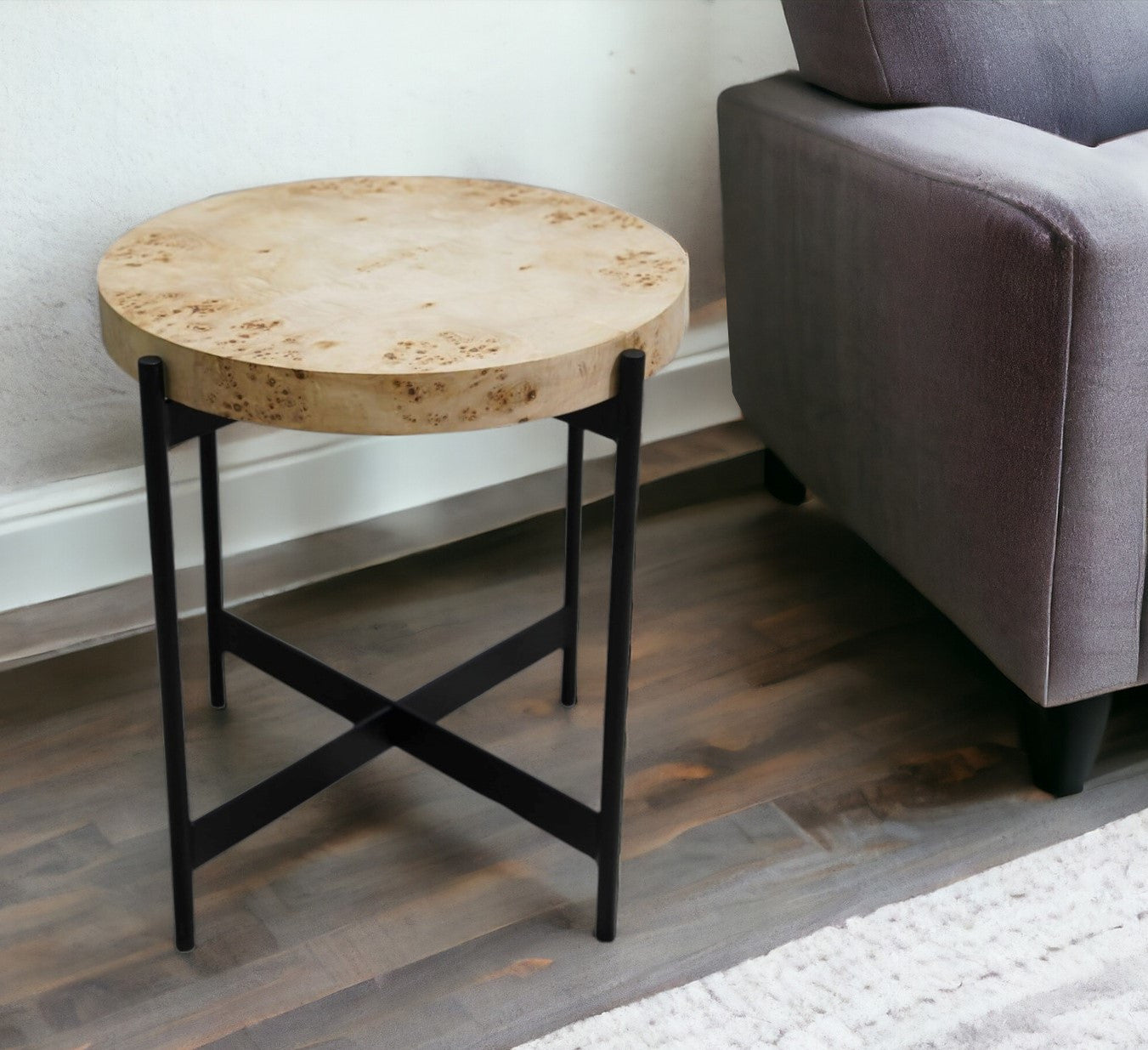 22" Black And Brown Wood And Metal Round End Table