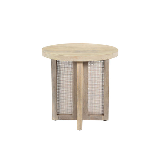 22" Natural Solid Wood And Rattan Round End Table