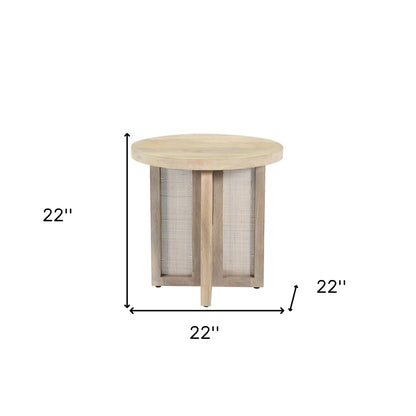 22" Natural Solid Wood And Rattan Round End Table