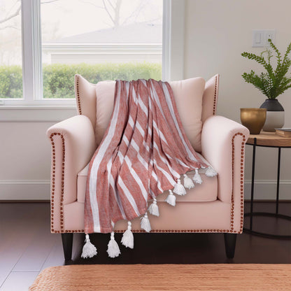 50" X 60" Rust Woven Cotton Striped Throw Blanket with Tassels