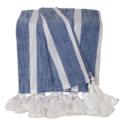 50" X 60" Blue and White Woven Cotton Striped Throw Blanket with Tassels