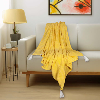 50" X 60" Yellow Woven Cotton Throw Blanket with Tassels