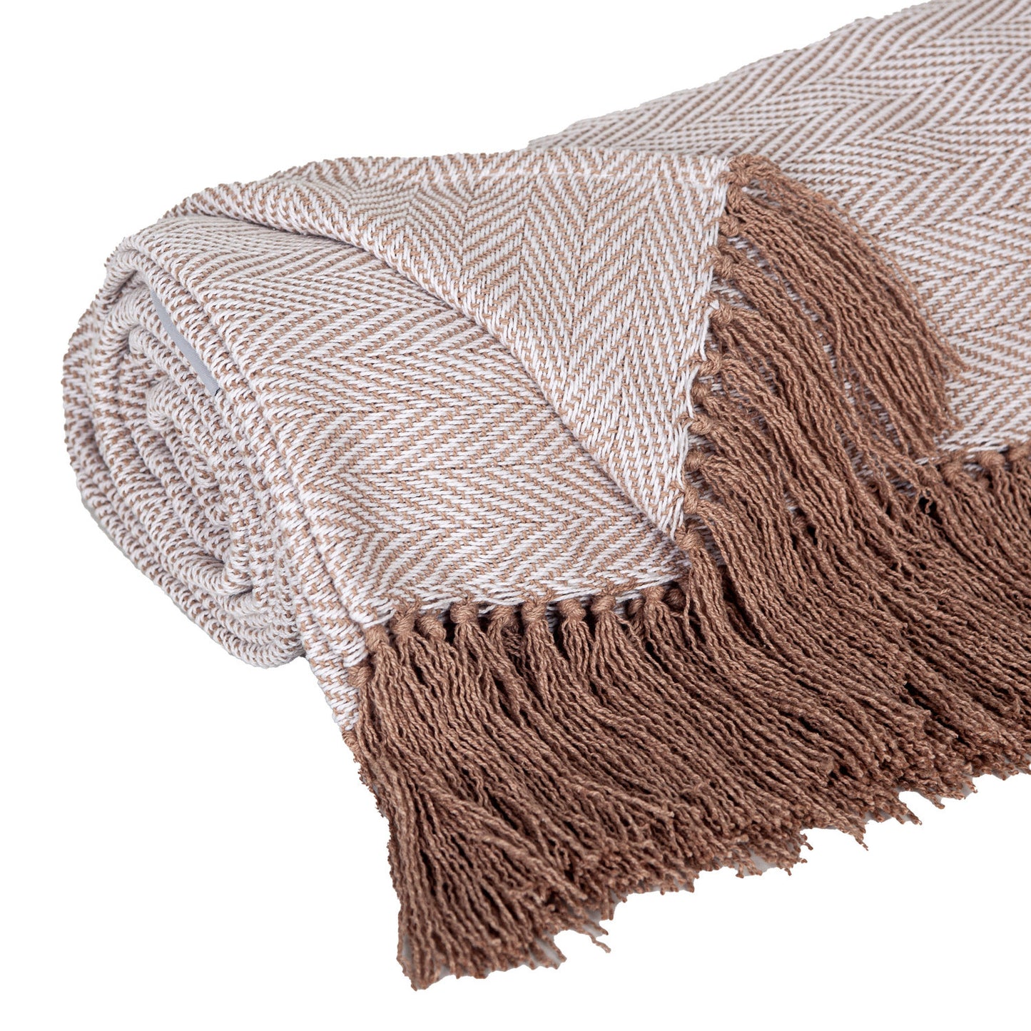 50" X 60" Beige and Brown Woven Cotton Herringbone Throw Blanket with Fringe