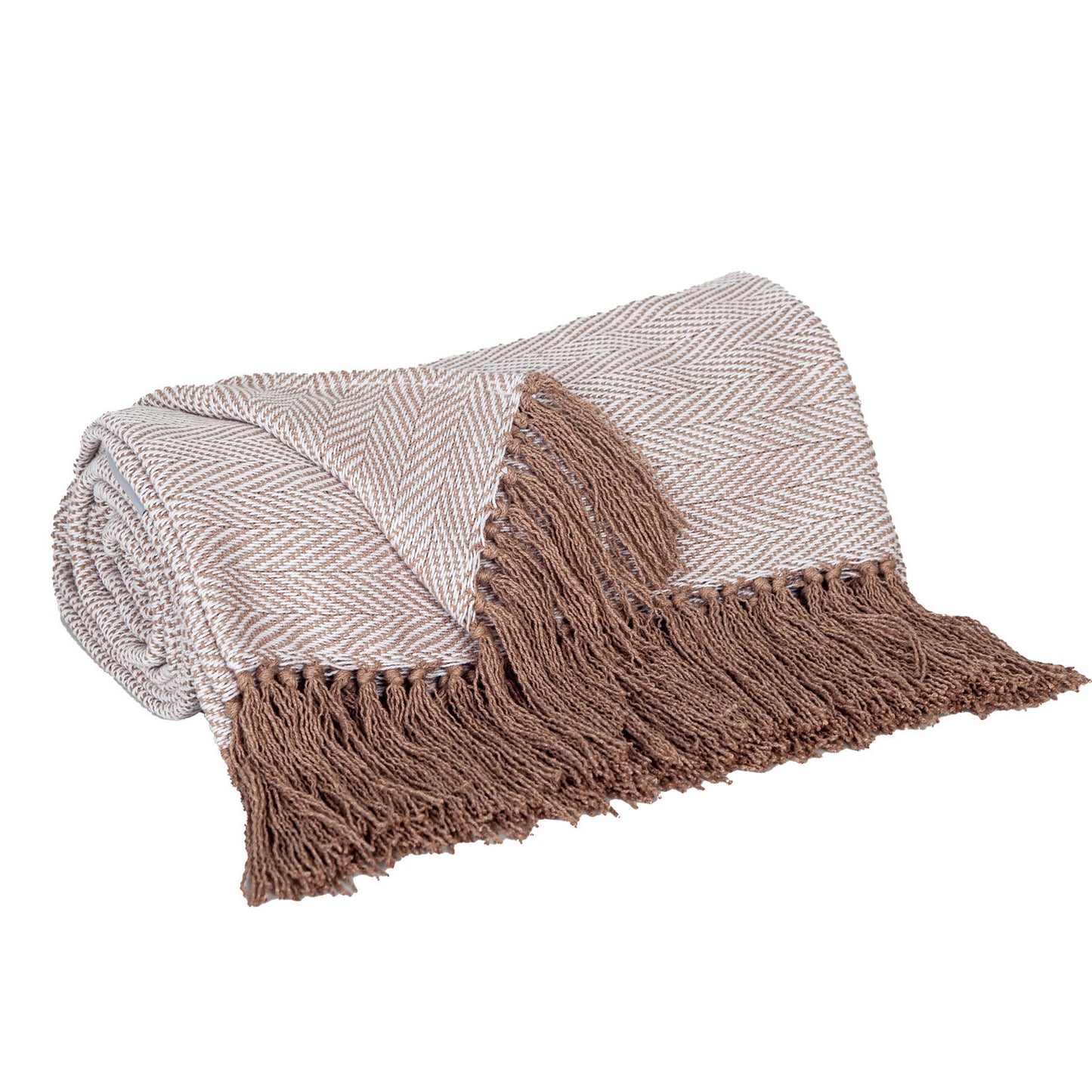 50" X 60" Beige and Brown Woven Cotton Herringbone Throw Blanket with Fringe