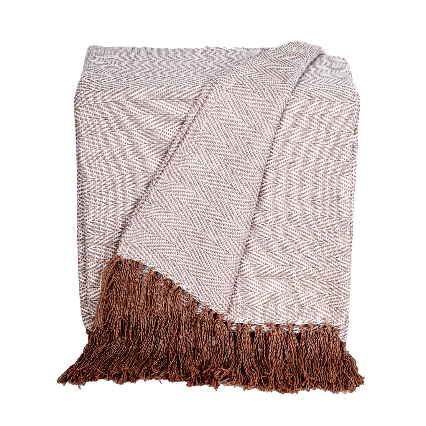 50" X 60" Beige and Brown Woven Cotton Herringbone Throw Blanket with Fringe