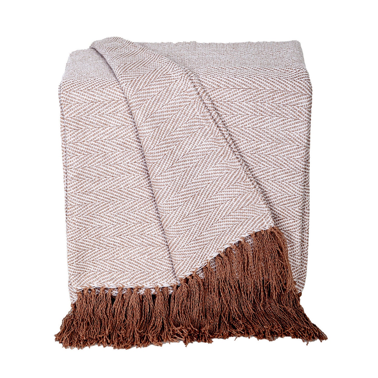 50" X 60" Beige and Brown Woven Cotton Herringbone Throw Blanket with Fringe