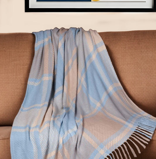 50" X 60" Blue Gray and Beige Woven Cotton Plaid Throw Blanket with Fringe