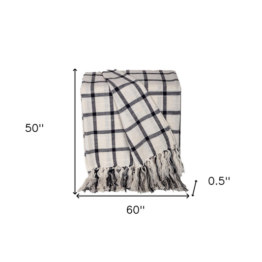 50" X 60" Ivory and Black Woven Cotton Plaid Throw Blanket with Fringe