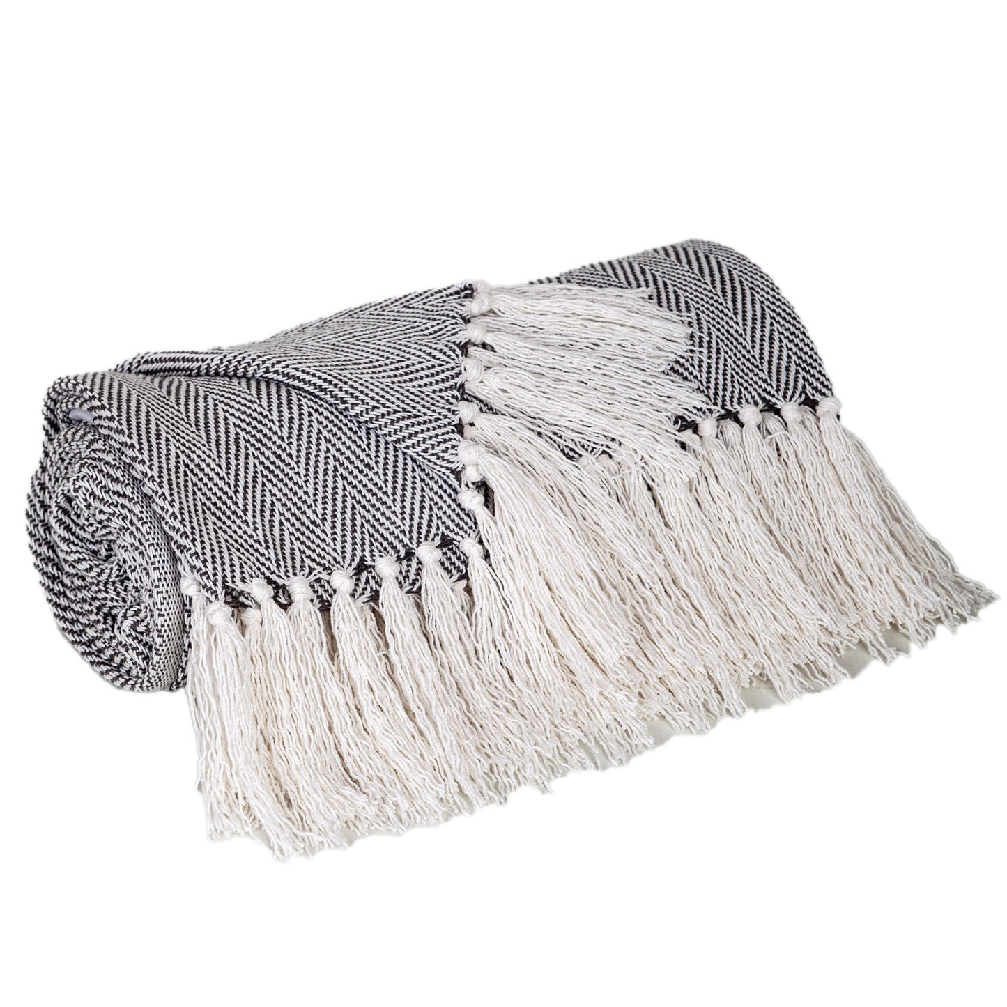 52" X 67" Gray and Ivory Woven Cotton Herringbone Throw Blanket with Fringe