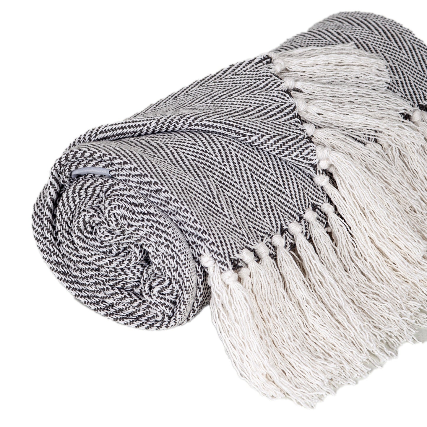 52" X 67" Gray and Ivory Woven Cotton Herringbone Throw Blanket with Fringe