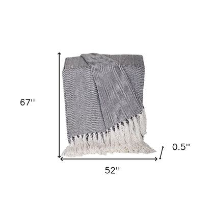 52" X 67" Gray and Ivory Woven Cotton Herringbone Throw Blanket with Fringe