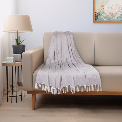 52" X 67" Gray and Ivory Woven Cotton Herringbone Throw Blanket with Fringe