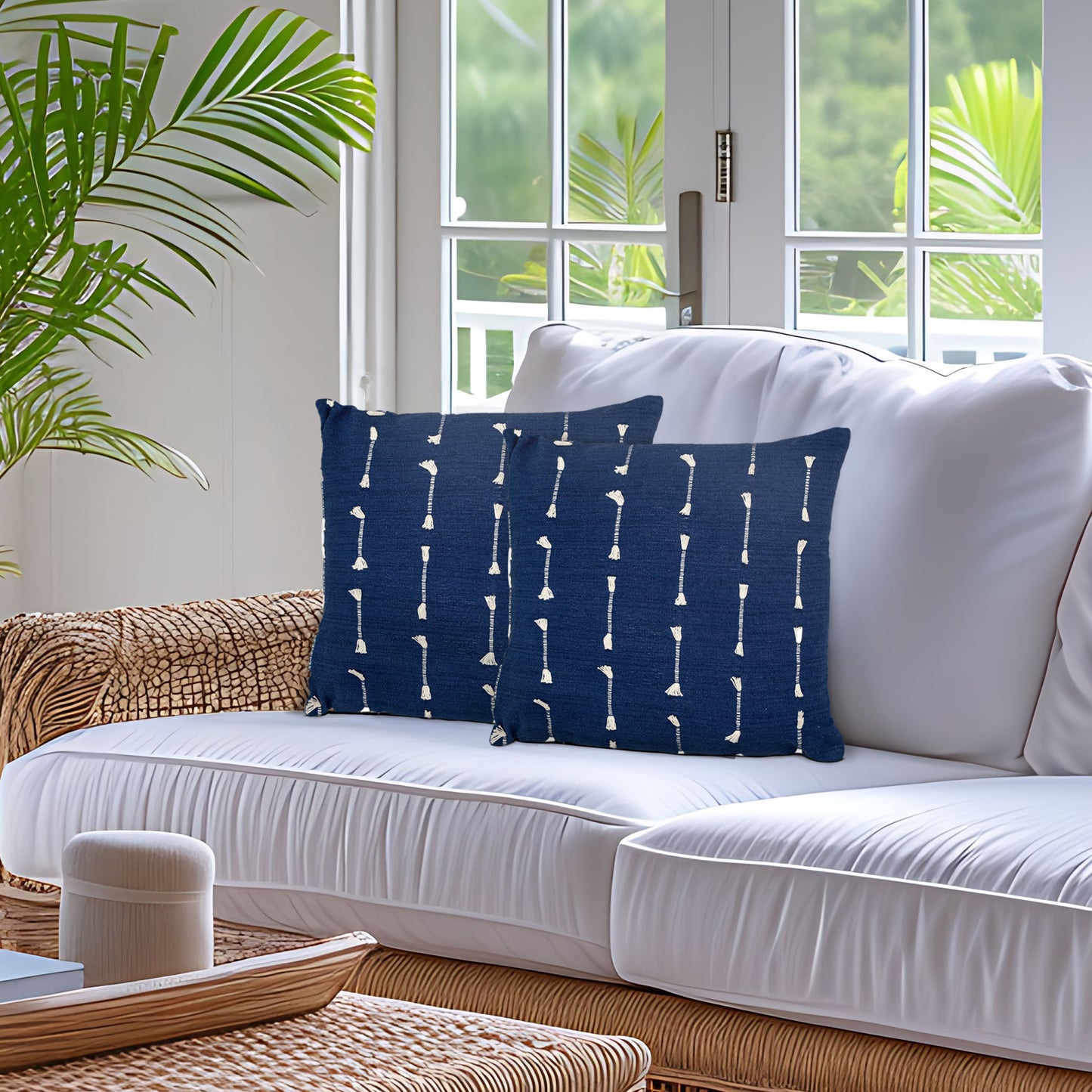 18" Dark Blue Striped Cotton Throw Pillow With Texture