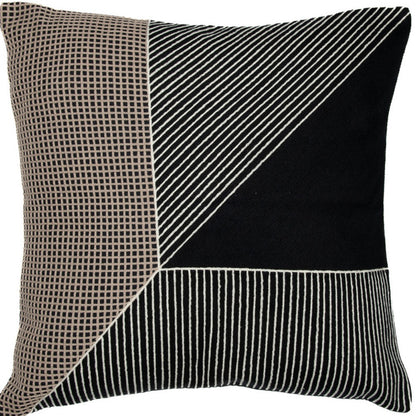 20" Black and White Geometric Cotton Throw Pillow With Embroidery