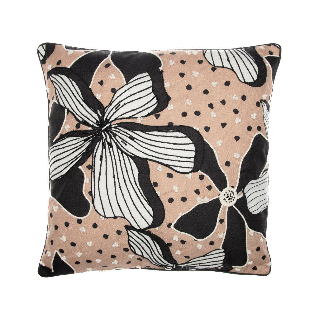 20" Beige and Black Tropical Throw Pillow With Embroidery