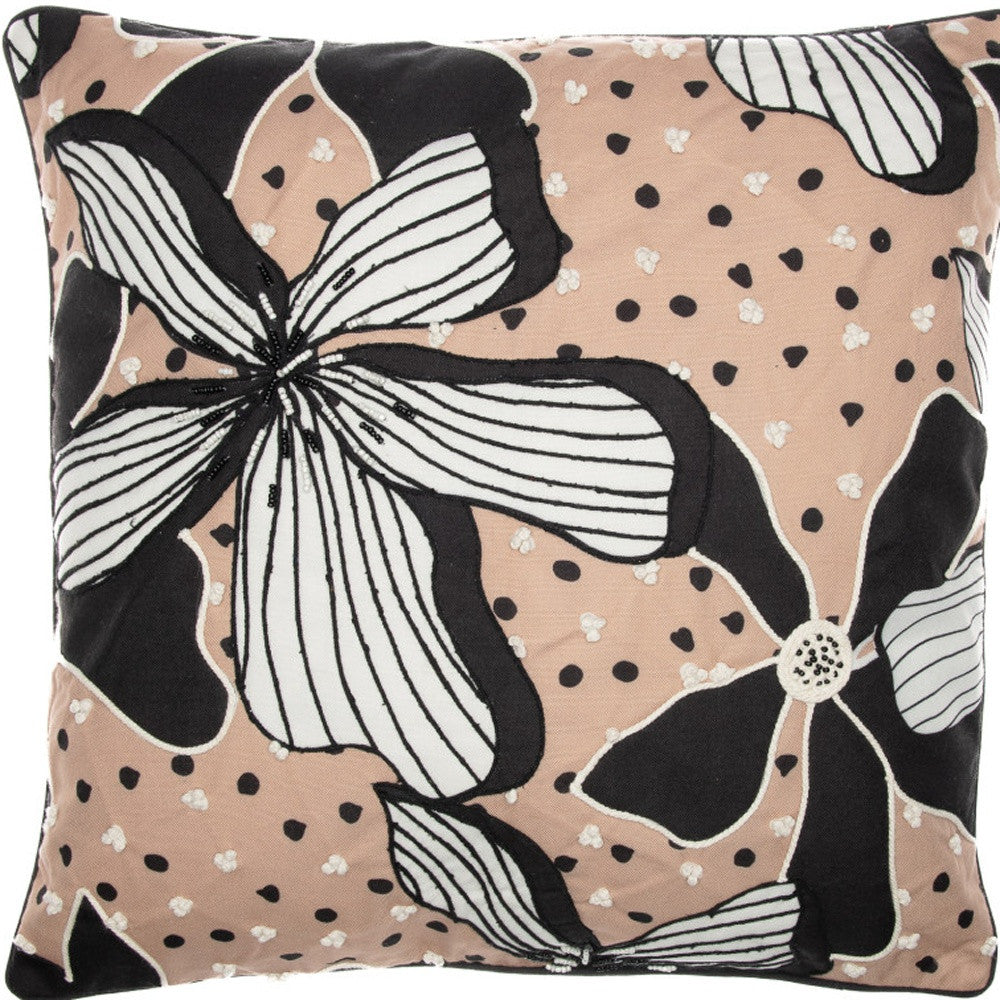 20" Beige and Black Tropical Throw Pillow With Embroidery