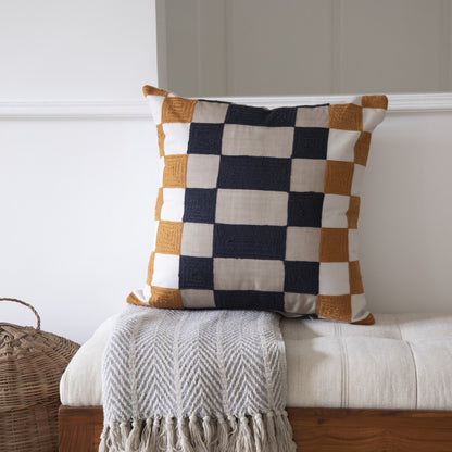 20" Navy Blue Check Throw Pillow With Embroidery