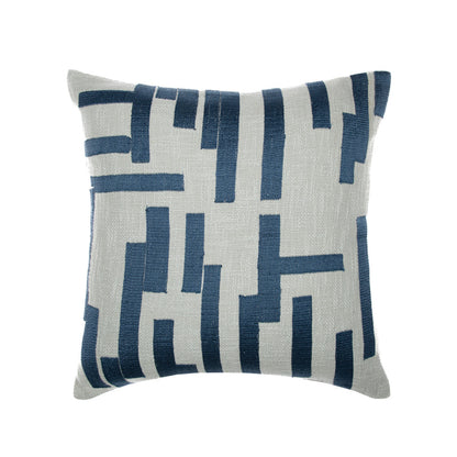 20" Blue and Ivory Geometric Cotton Blend Throw Pillow With Embroidery