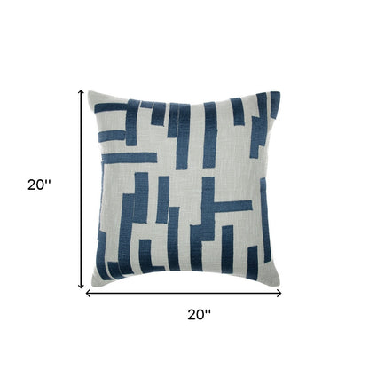 20" Blue and Ivory Geometric Cotton Blend Throw Pillow With Embroidery