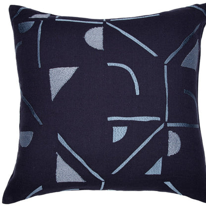 20" Blue Geometric Cotton Blend Throw Pillow With Embroidery