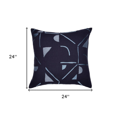 20" Blue Geometric Cotton Blend Throw Pillow With Embroidery