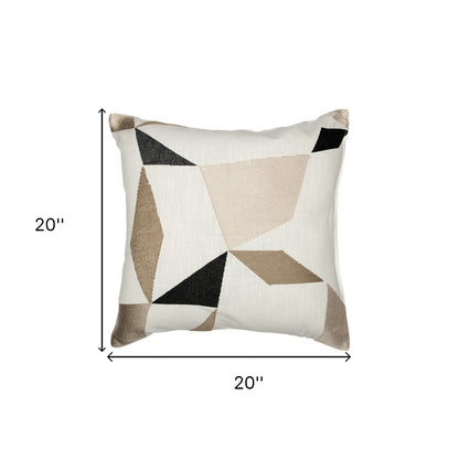 20" Taupe and Ivory Geometric Cotton Blend Throw Pillow With Embroidery