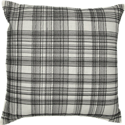 20" White and Black Check Cotton Blend Throw Pillow With Embroidery