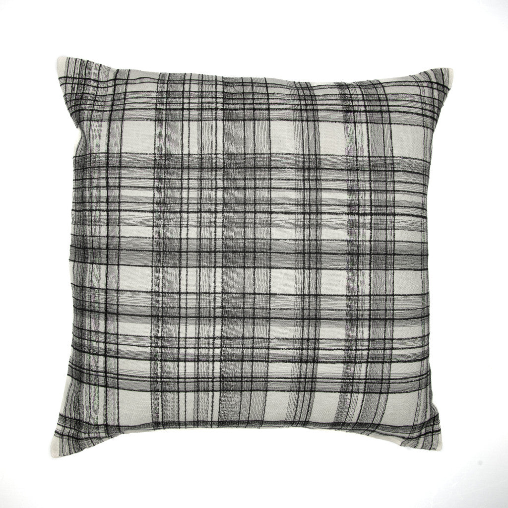 20" White and Black Check Cotton Blend Throw Pillow With Embroidery