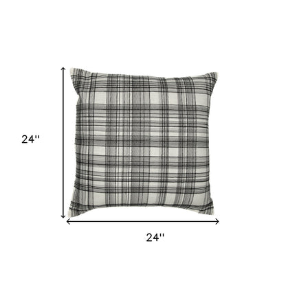 20" White and Black Check Cotton Blend Throw Pillow With Embroidery