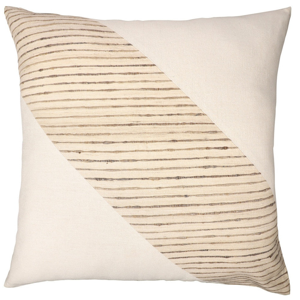 24" Beige and White Geometric Silk Throw Pillow With Embroidery