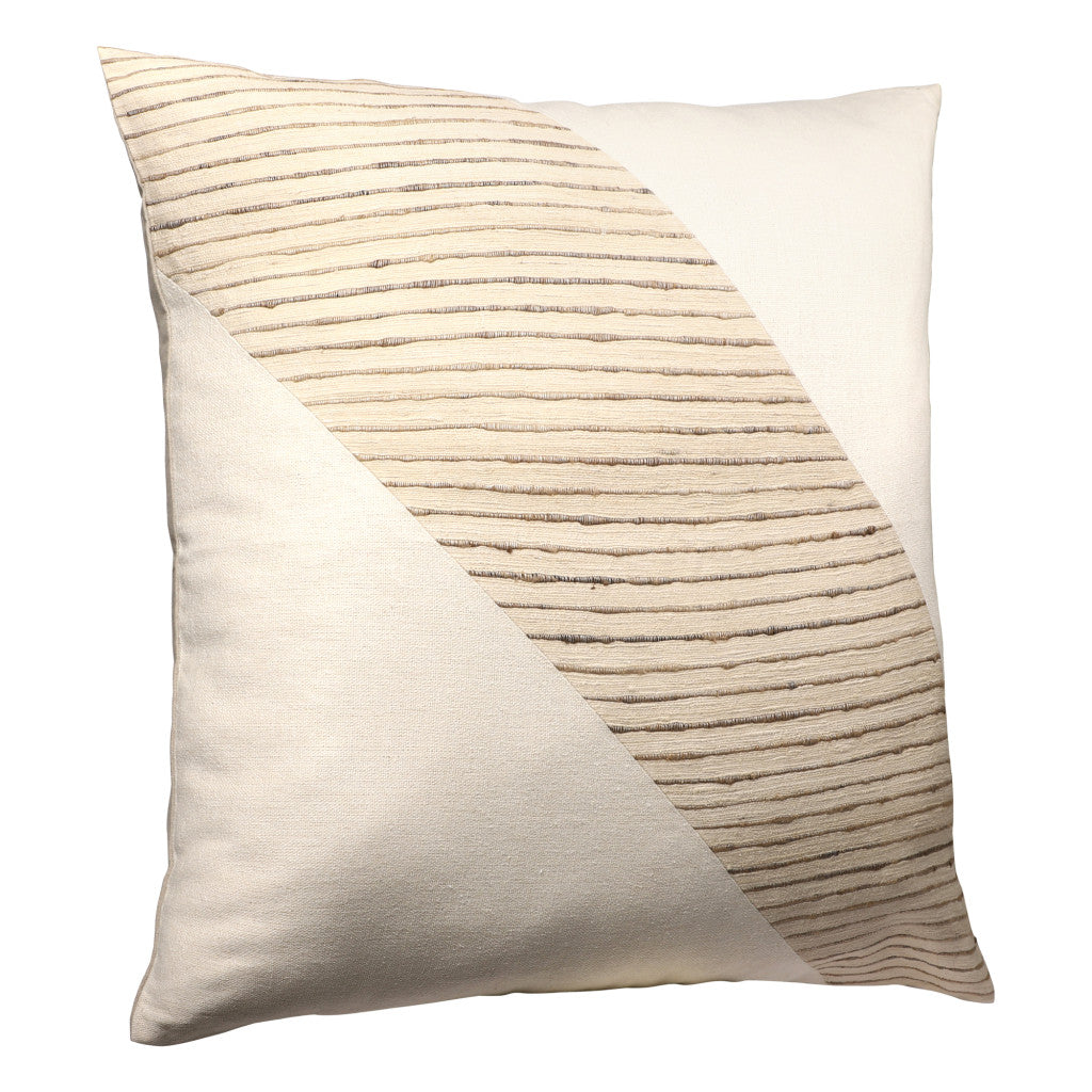 24" Beige and White Geometric Silk Throw Pillow With Embroidery