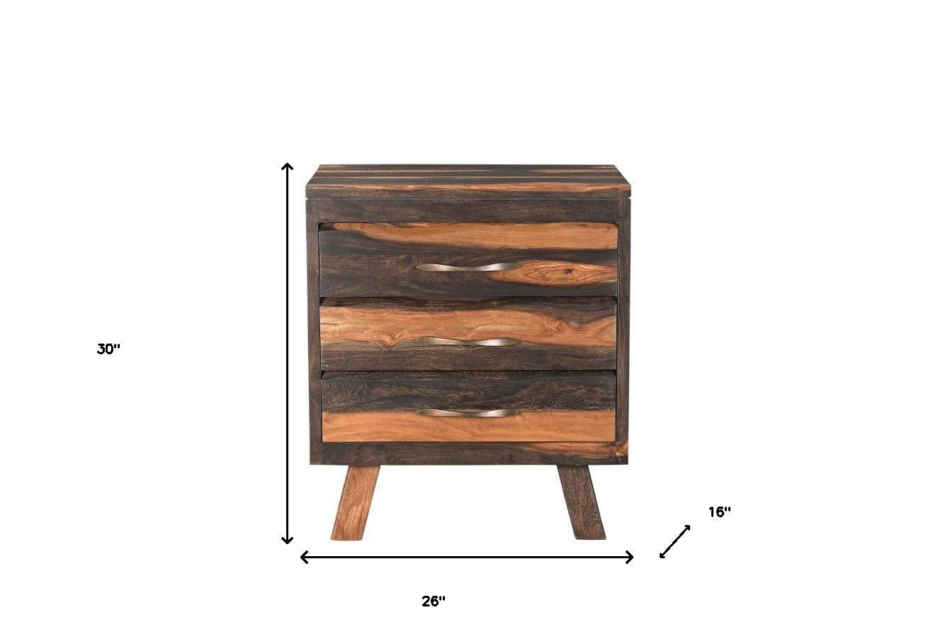 30" Dark Brown Three Drawer Live Edge Solid Wood Nightstand