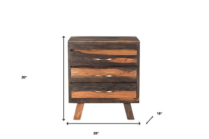 30" Dark Brown Three Drawer Live Edge Solid Wood Nightstand