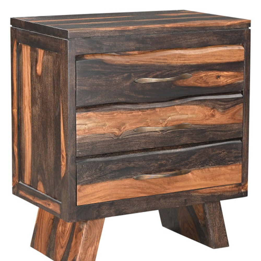 30" Dark Brown Three Drawer Live Edge Solid Wood Nightstand