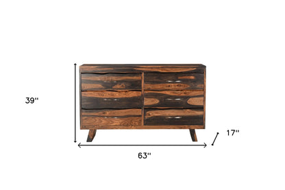 63" Dark Brown Solid Wood Live Edge Six Drawer Double Dresser