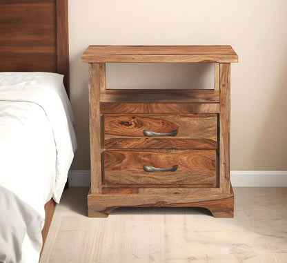 27" Brown Two Drawer Solid Wood Nightstand