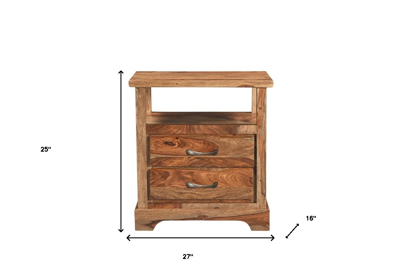 27" Brown Two Drawer Solid Wood Nightstand