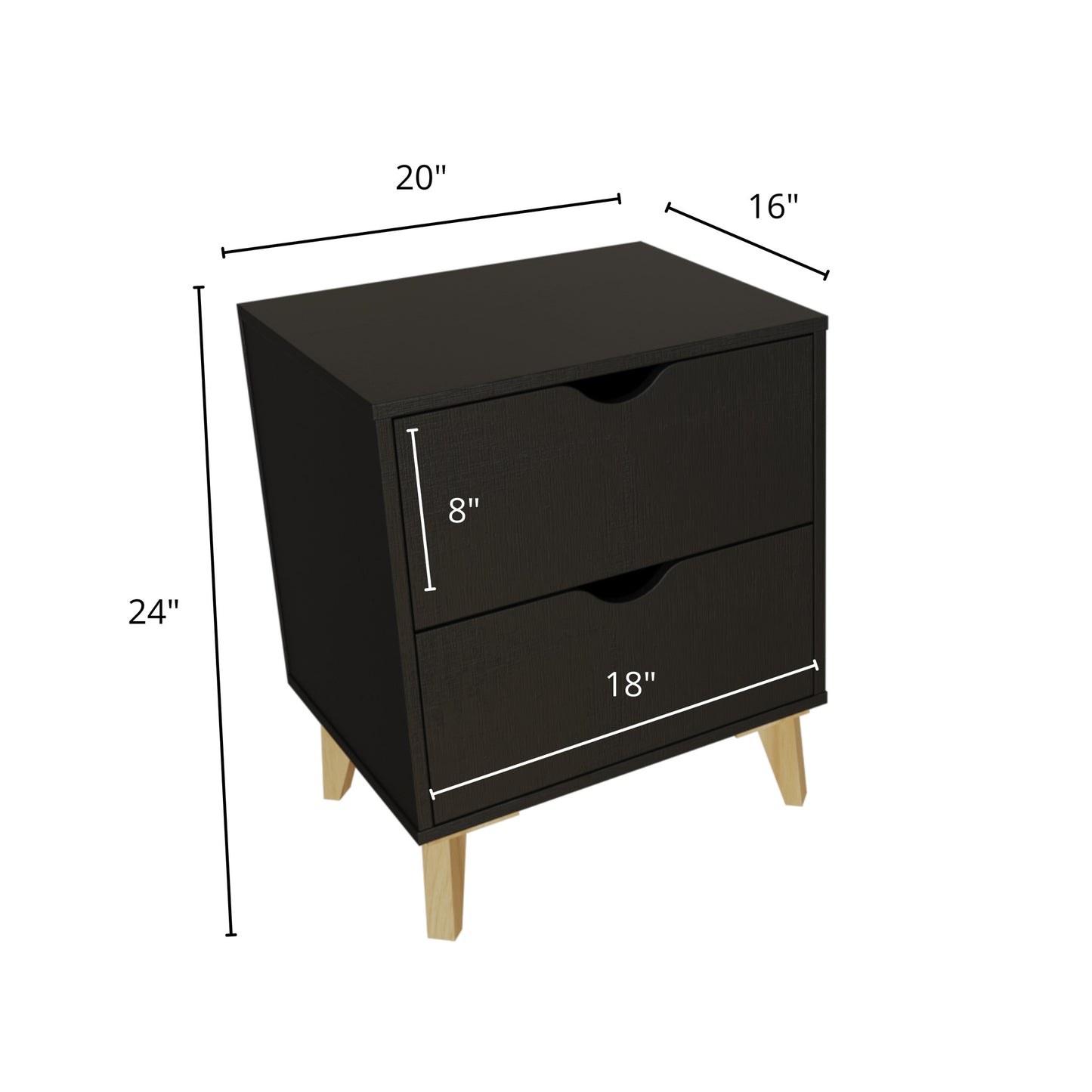 24" Black Two Drawer Faux Wood Nightstand